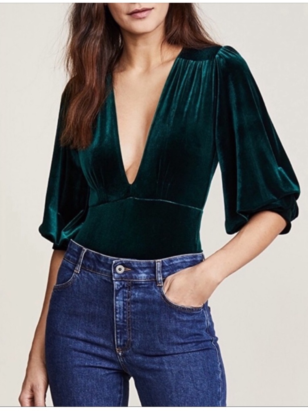 Misa Los Angles Reem Plunging V-Neck Velvet Bodysuit in Dark Emerald Green Small